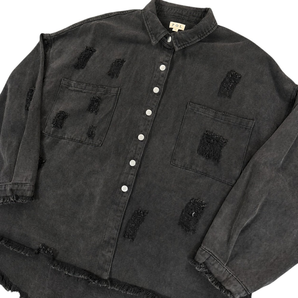 POL Sweet Talker Distressed Denim Shacket Womens L Black Frayed Hem Boutique